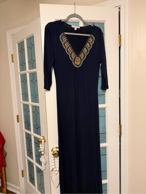 Romeo & Juliet Couture Navy Maxi Dress with Beaded V-Neck New without tags